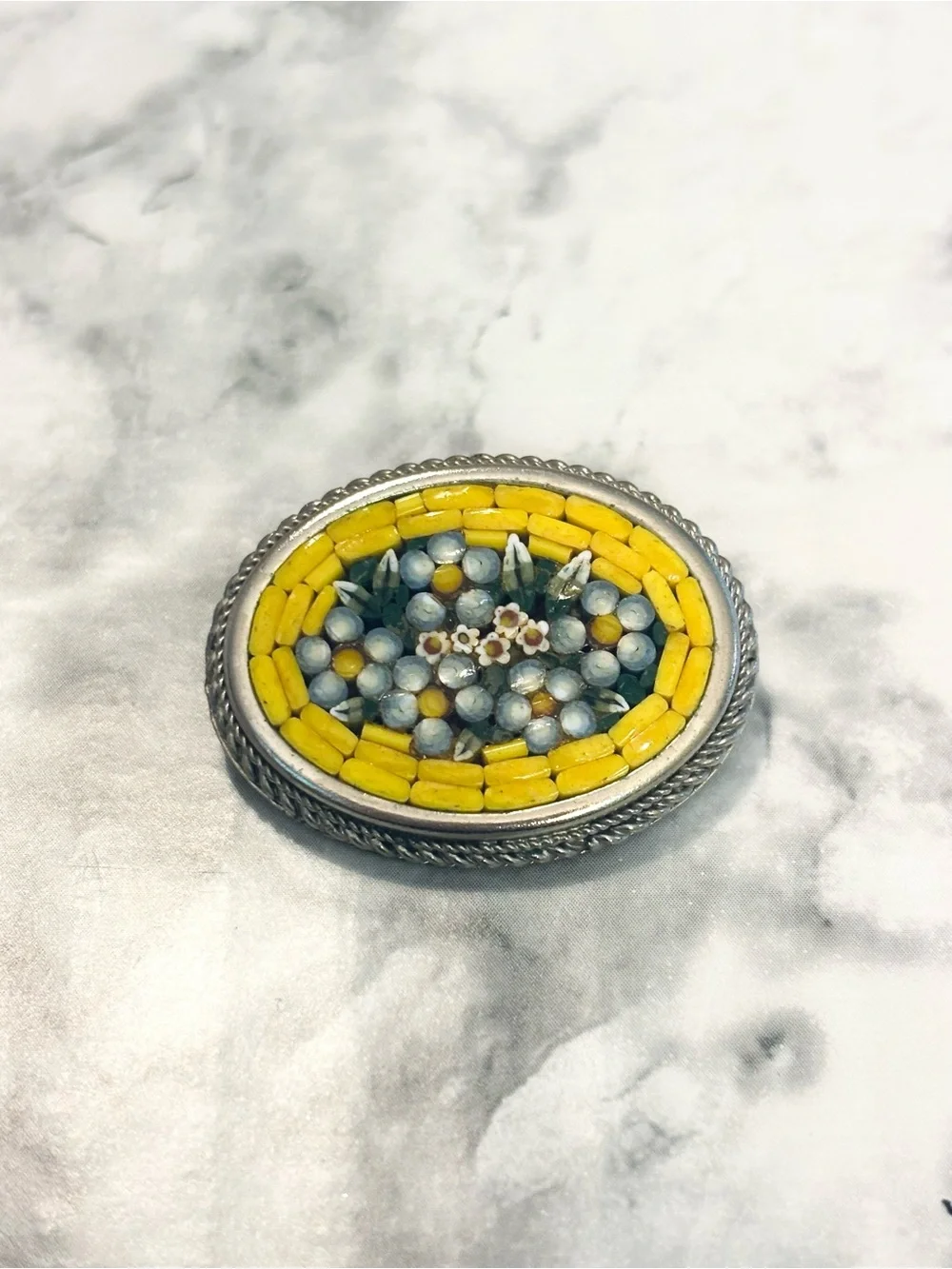 Vintage Mini Micro Mosaic Floral Brooch Pin Silver Tone Italian